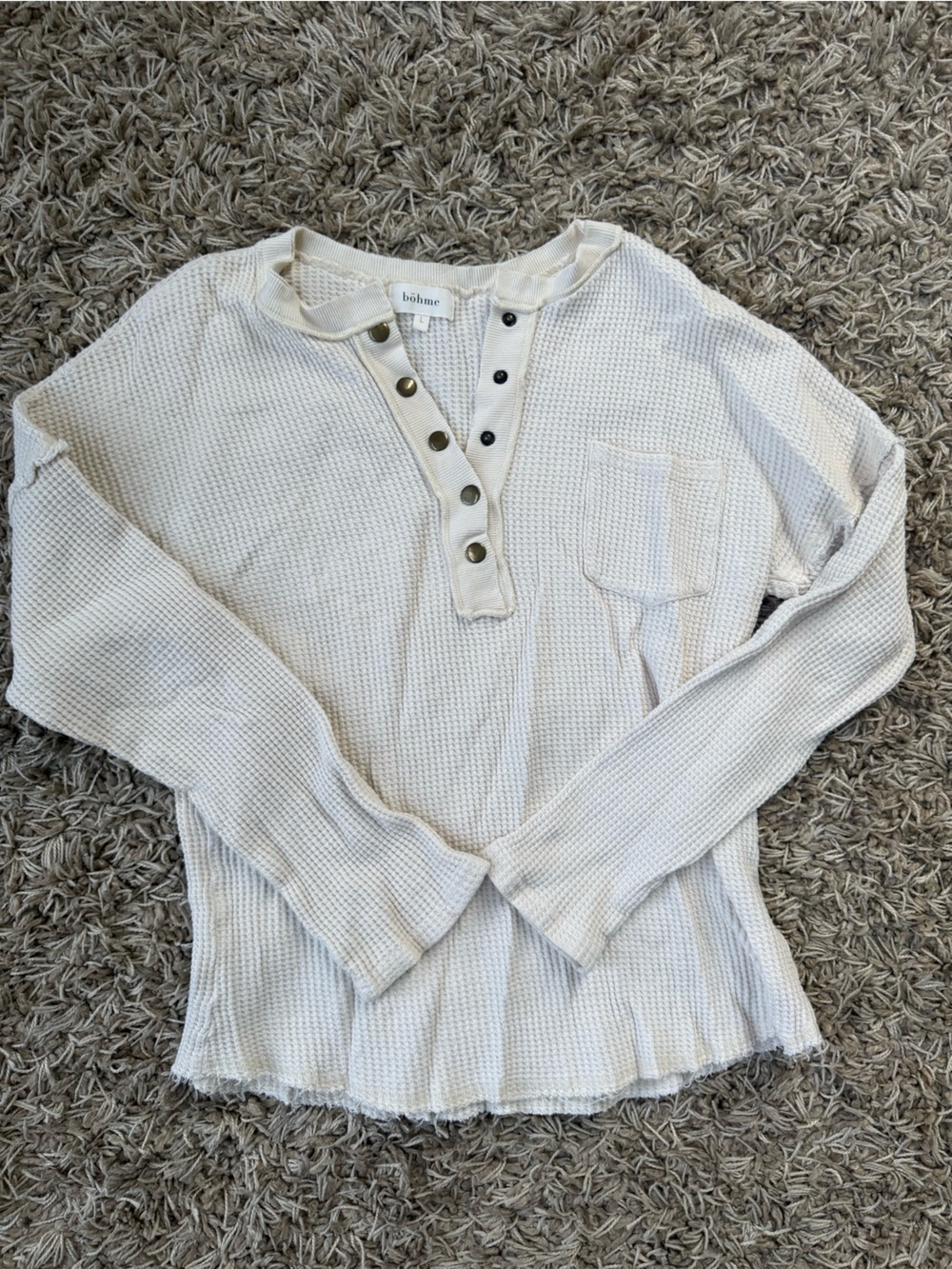 bohme Cream Waffle Henley Long Sleeve Top with Front Pocket